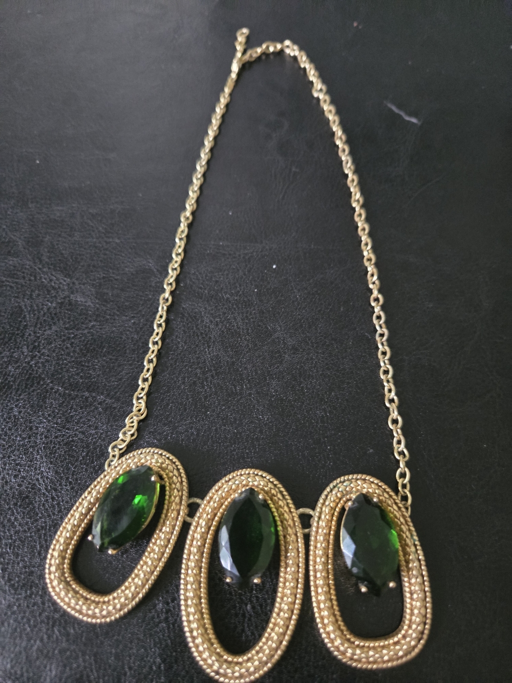 Vintage Bellezza Gold Plated  Emerald Marquise Necklace